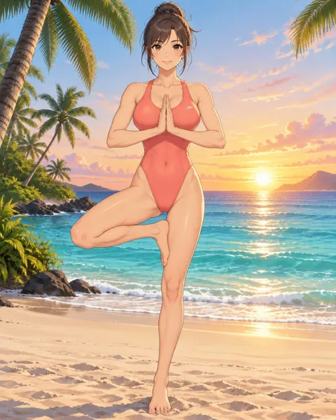 Coralyth, an adult anime companion balancing in a yoga tree pose on the sand at sunrise