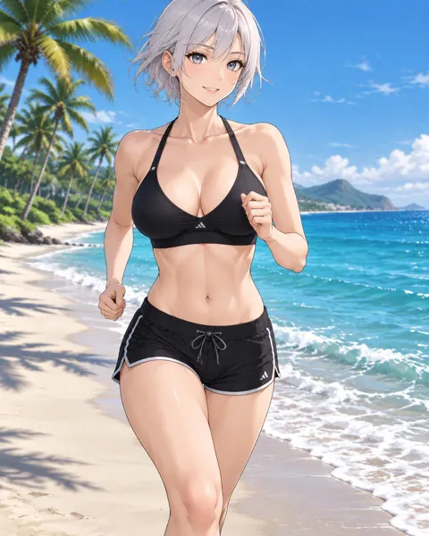Velvrine, an adult anime companion jogging along the shoreline in a sports top and shorts